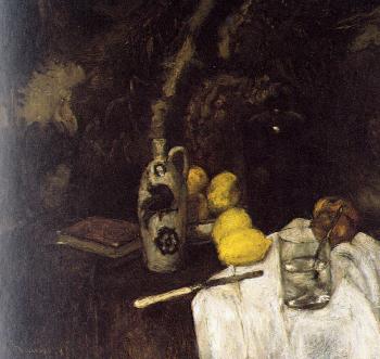 still life with lemons and a bottle